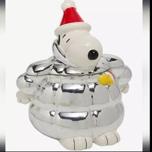 Peanuts Snoopy Weaing Chrome Silver Puffer Coat Ceramic Cookie Jar
